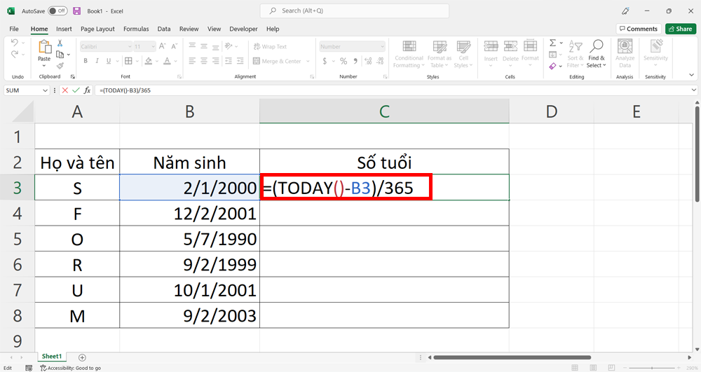 Cách tính tuổi trong Excel bằng hàm TODAY