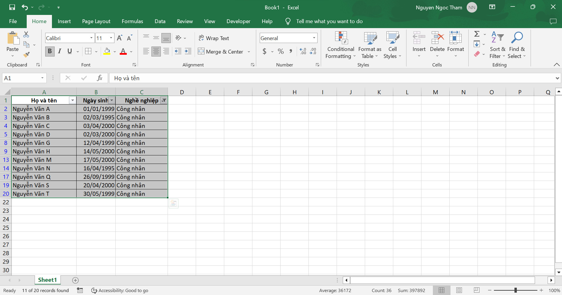 Kết quả sau khi lọc dữ liệu trong Excel