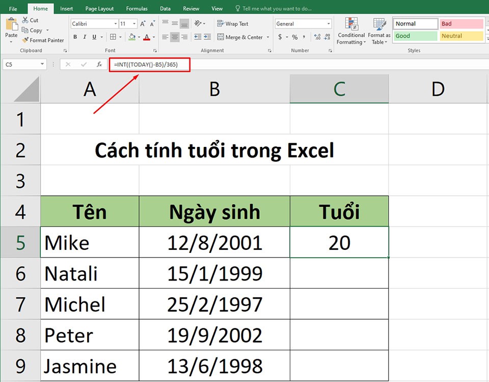 Tính tuổi trong Excel bằng hàm INT