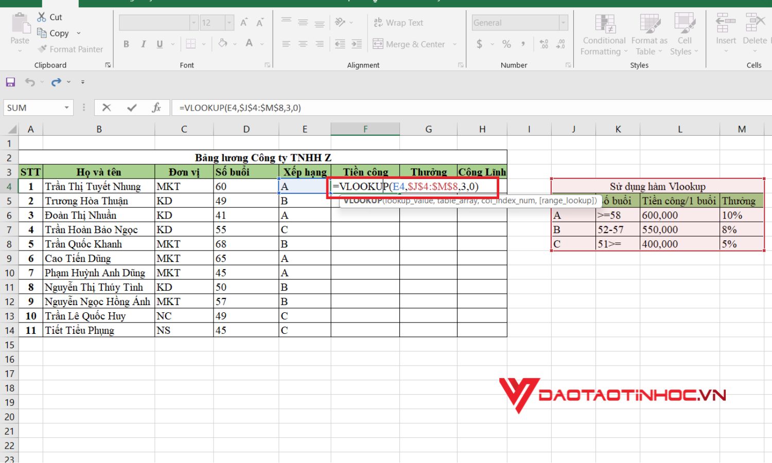 Sử dụng hàm Vlookup vào thực tế -bước 2