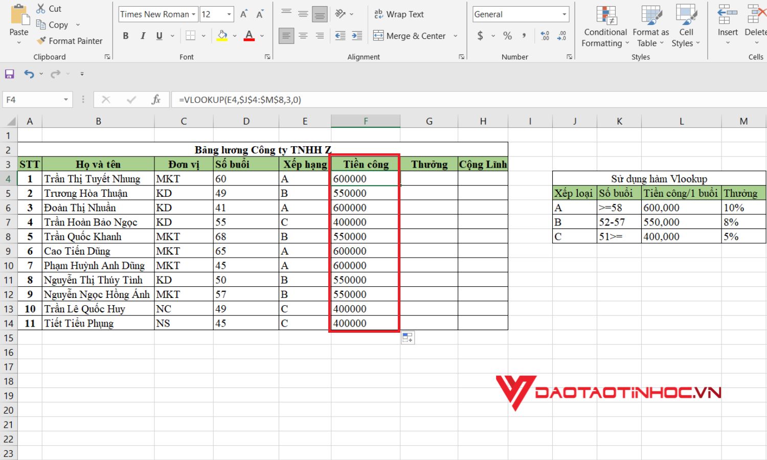 Sử dụng hàm Vlookup vào thực tế - bước 3