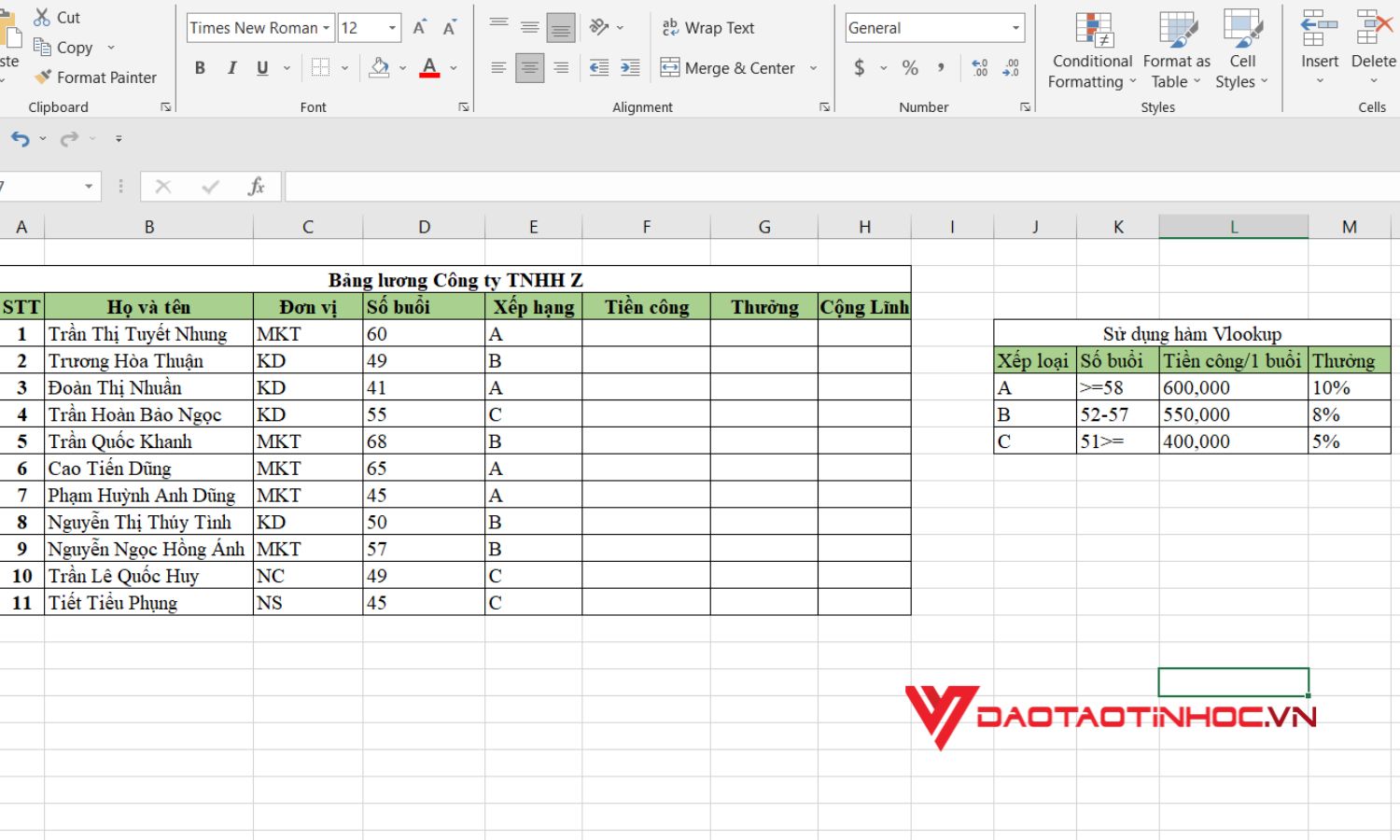 Sử dụng hàm Vlookup trong Excel vào thực tế