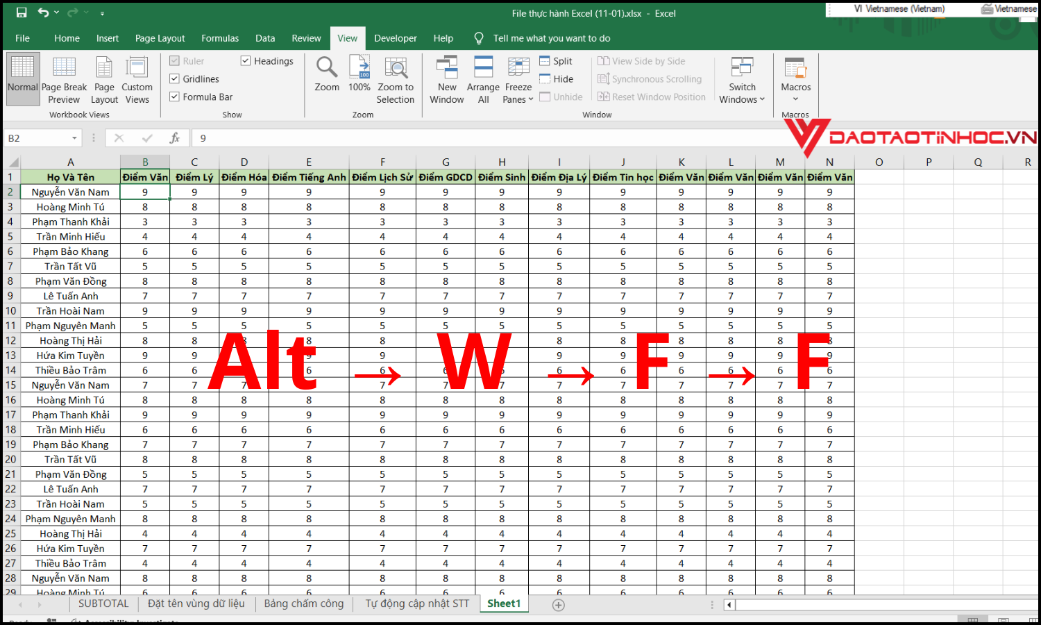 Cách cố định cột trong Excel bằng phím tắt