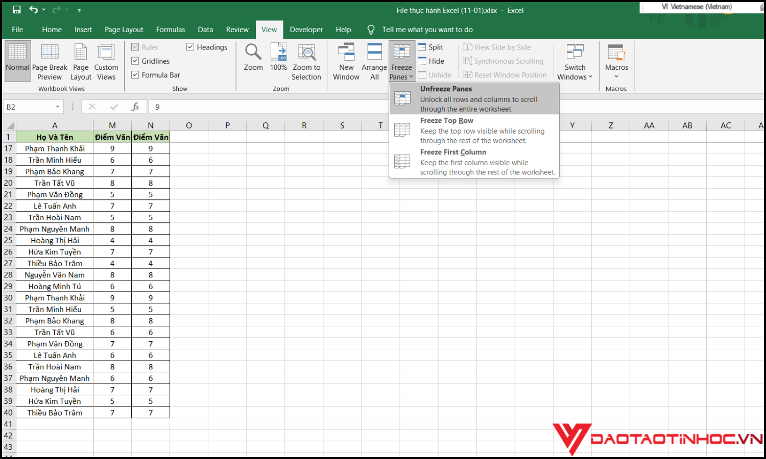 Cách cố định cột trong Excel bước 3