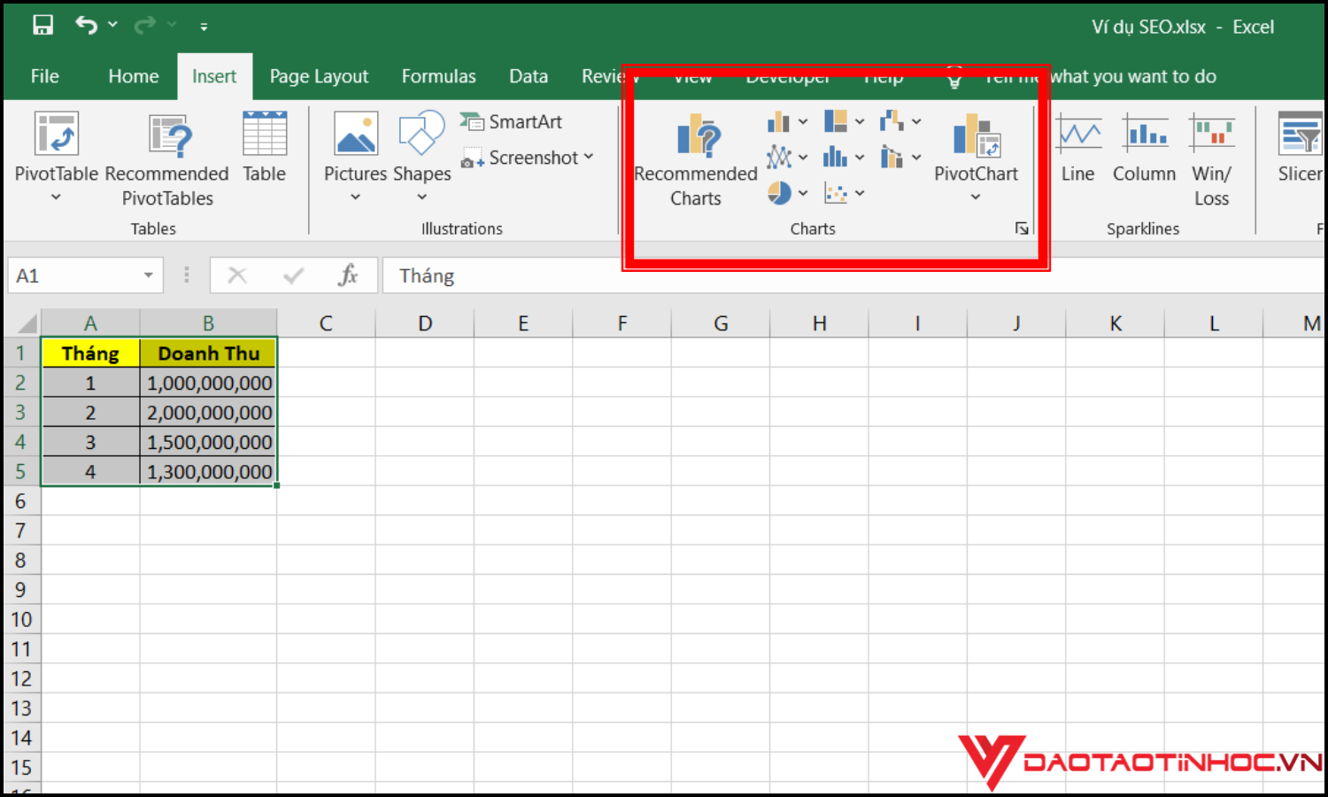 Cách vẽ biểu đồ trong Excel bước 2