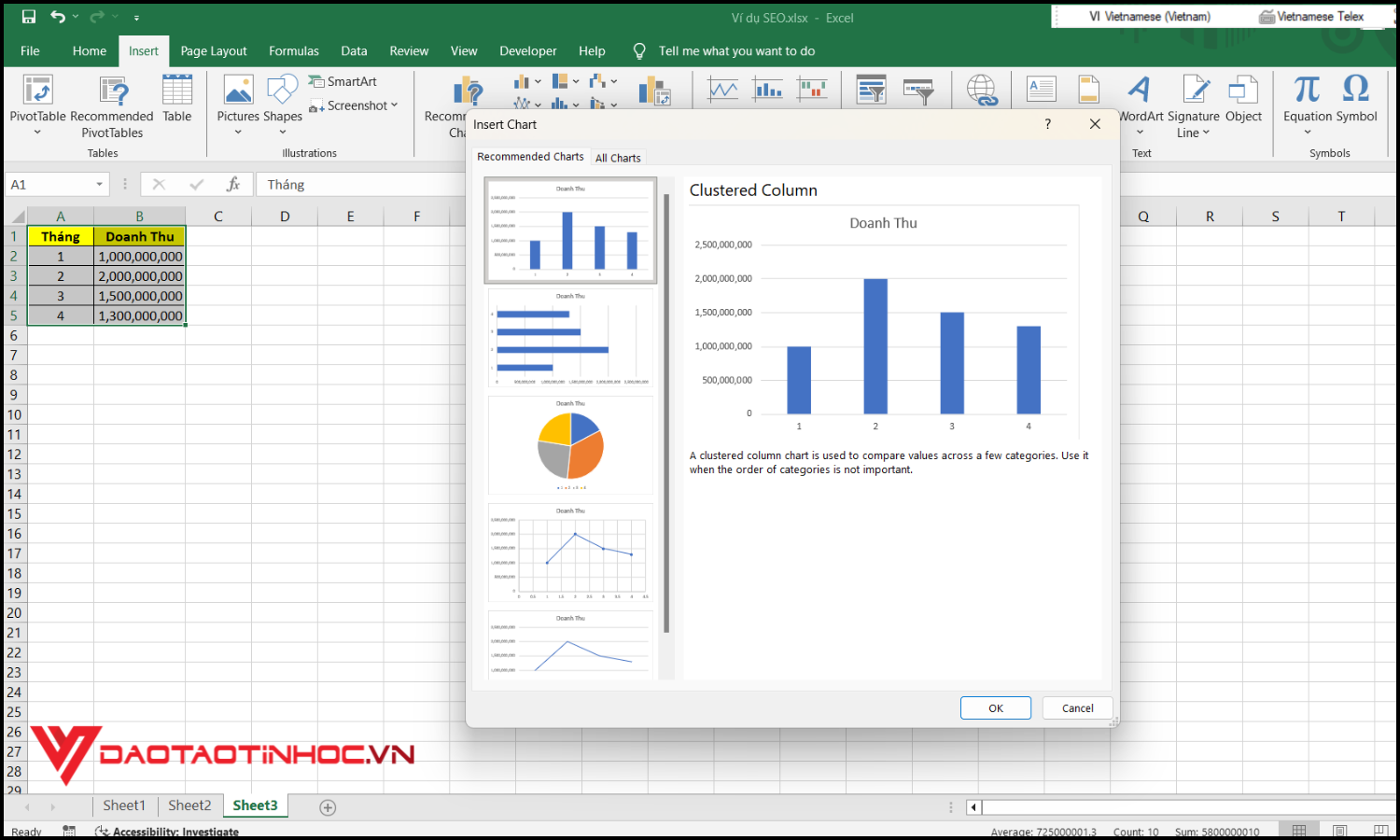 Cách vẽ biểu đồ trong Excel bước 3
