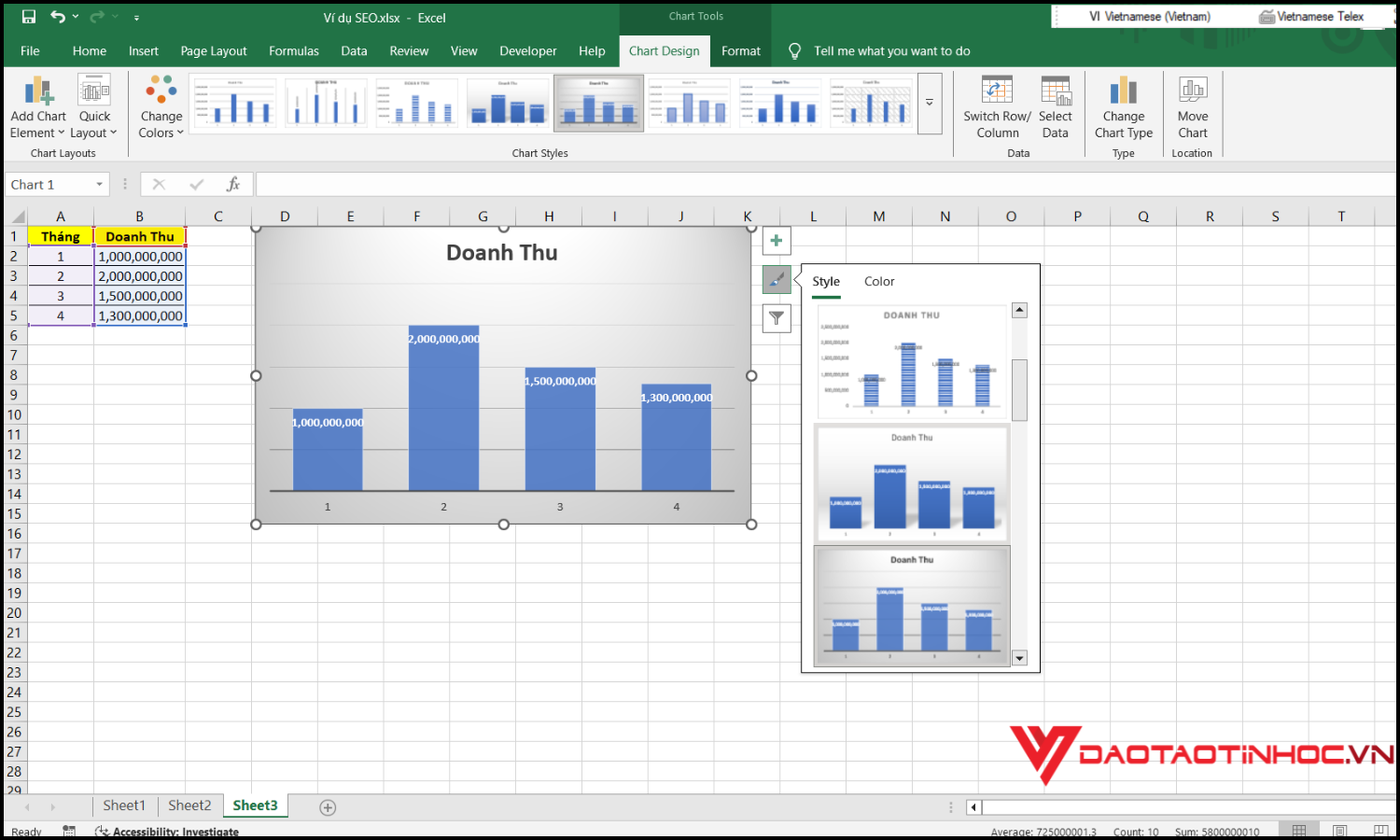 Cách vẽ biểu đồ trong Excel bước 4