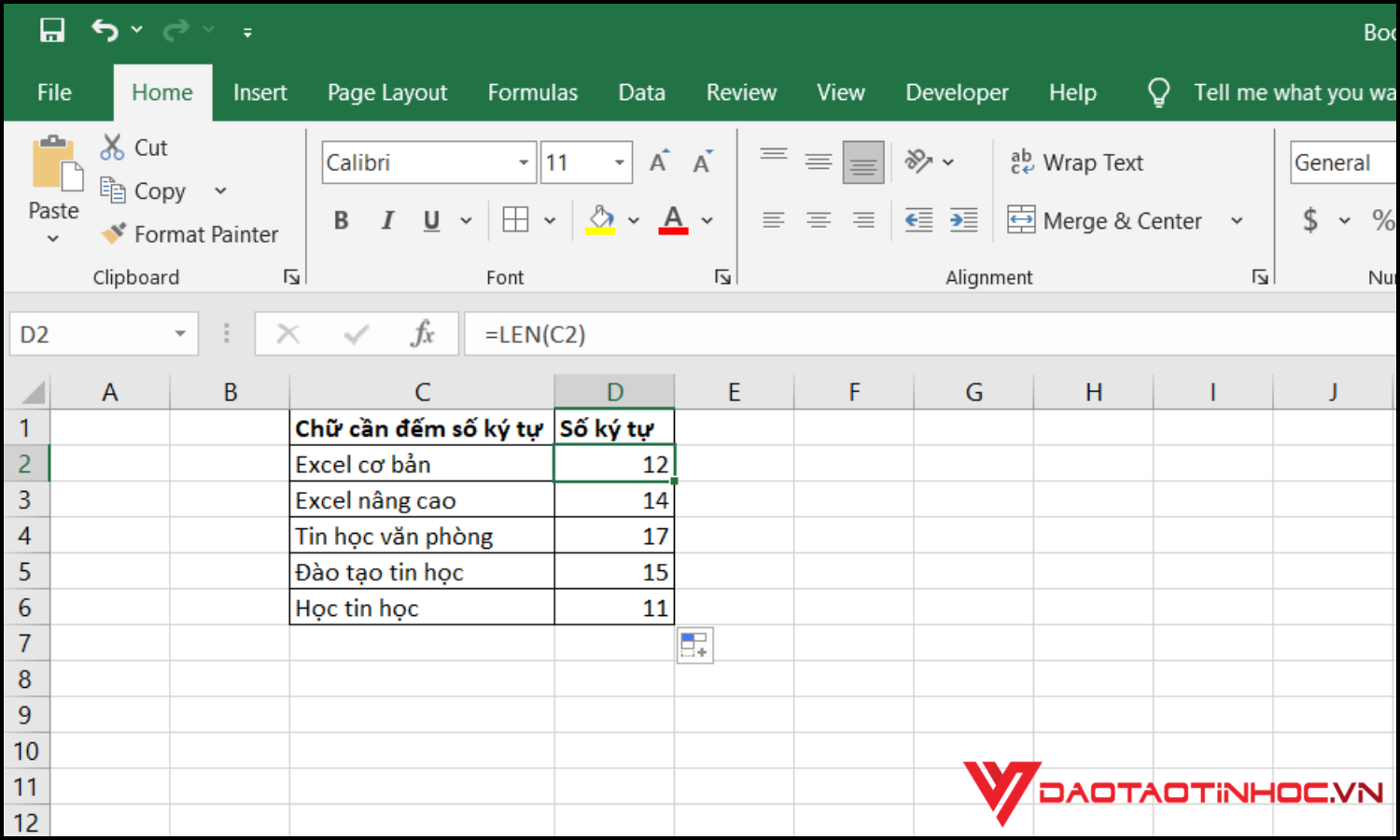 Hàm đếm số ký tự trong Excel - Hàm LEN