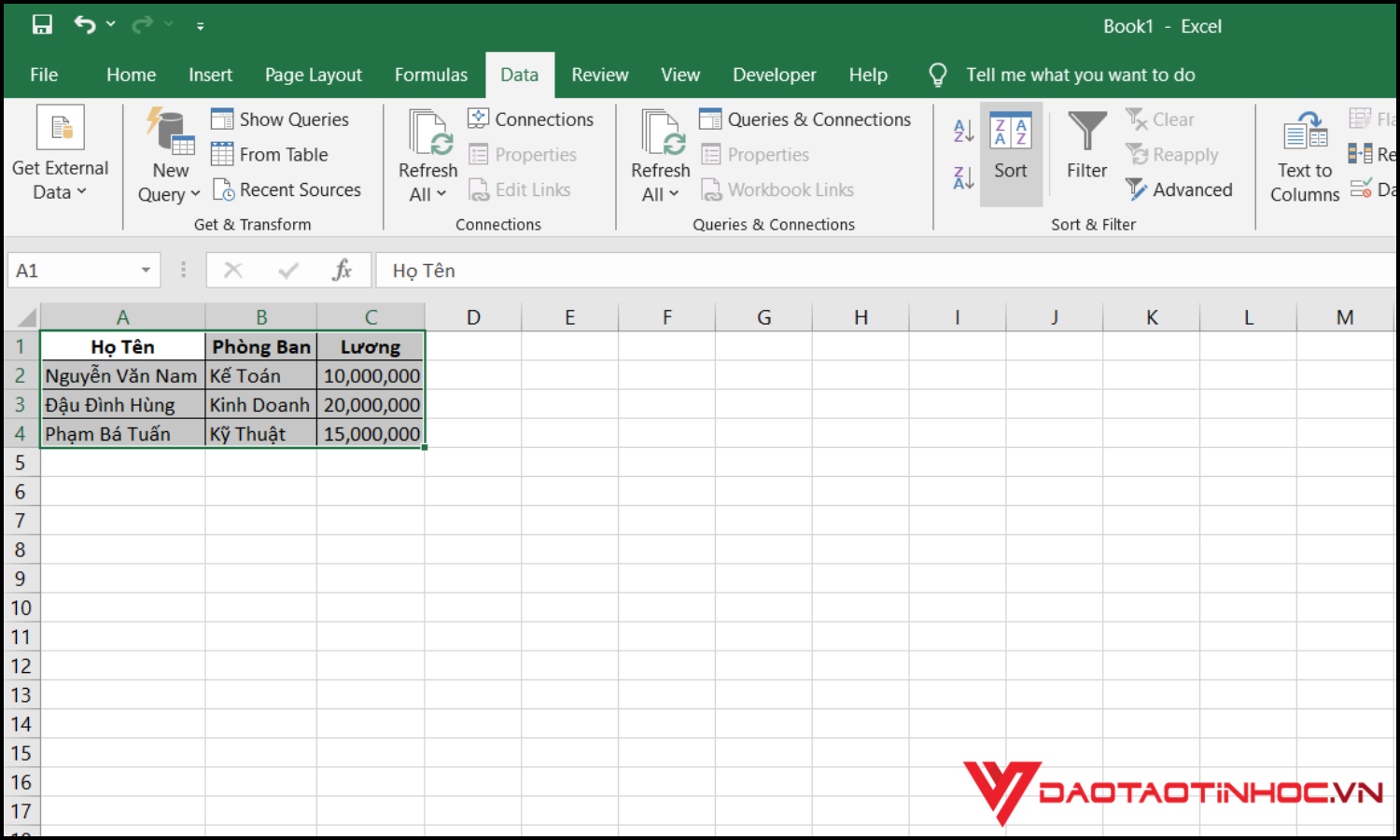 cách sort trong Excel bước 2