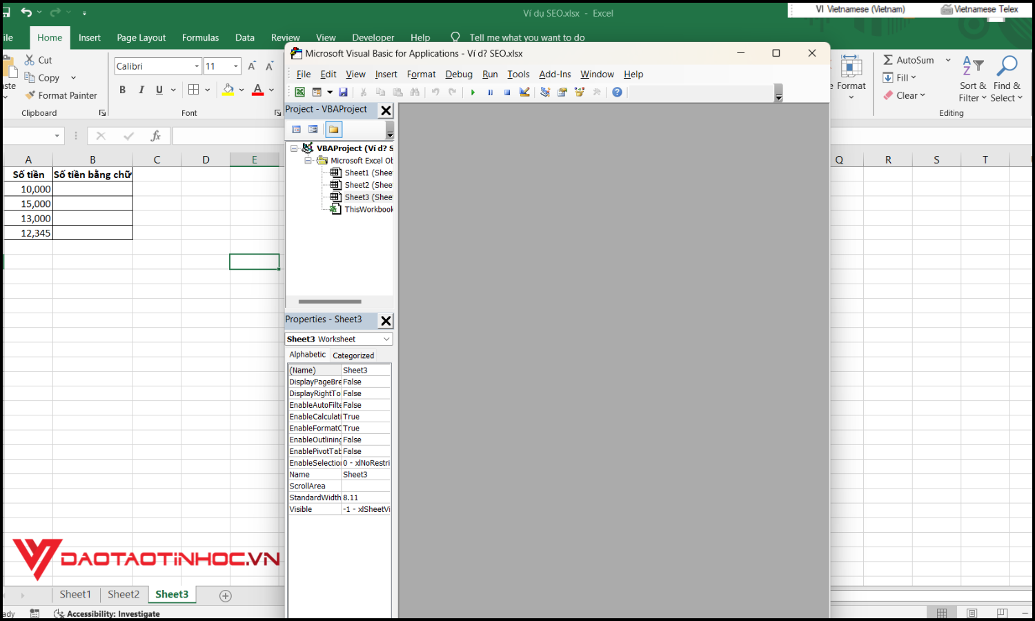 cách viết số tiền bằng chữ trong Excel bước 1