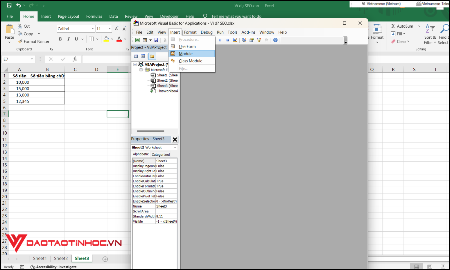 cách viết số tiền bằng chữ trong Excel bước 2