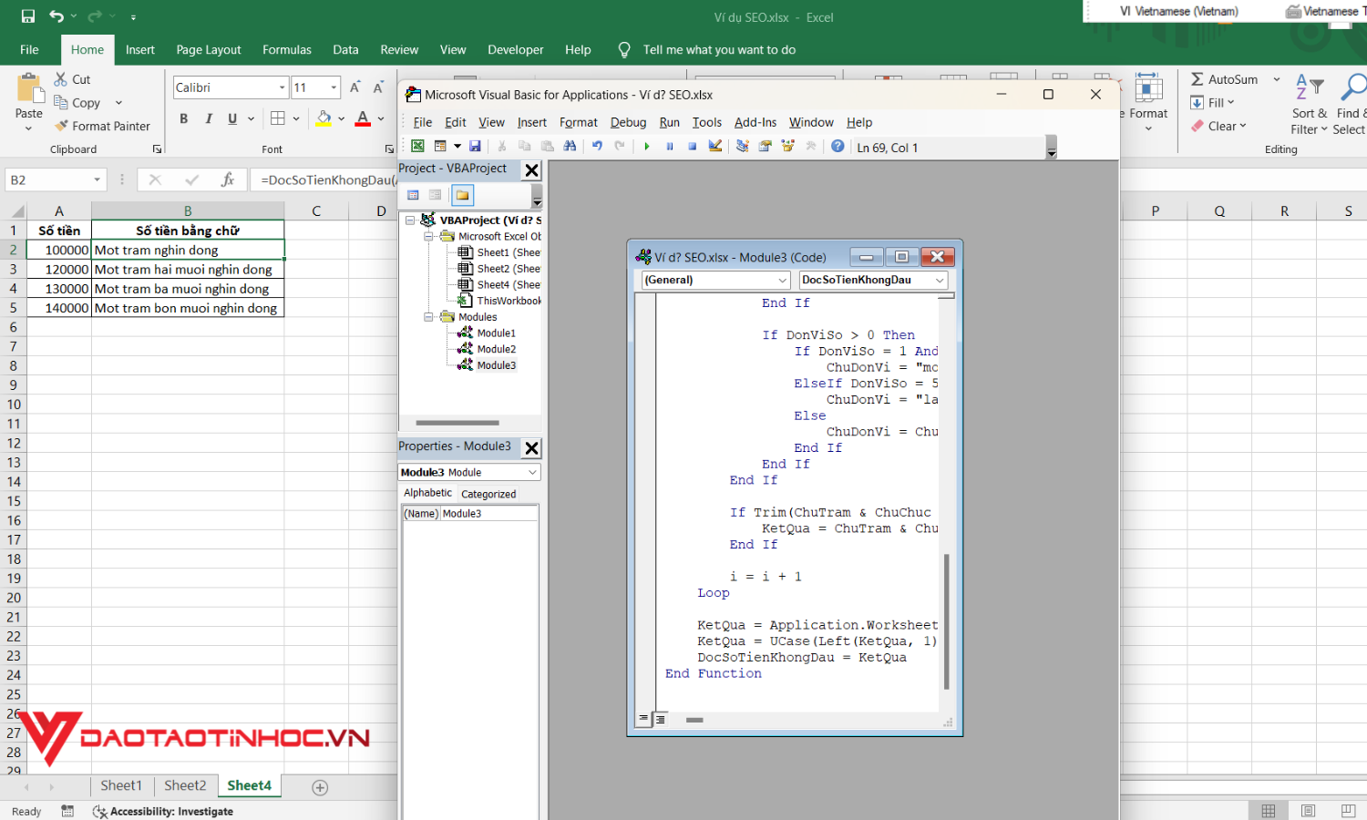 cách viết số tiền bằng chữ trong Excel bước 3