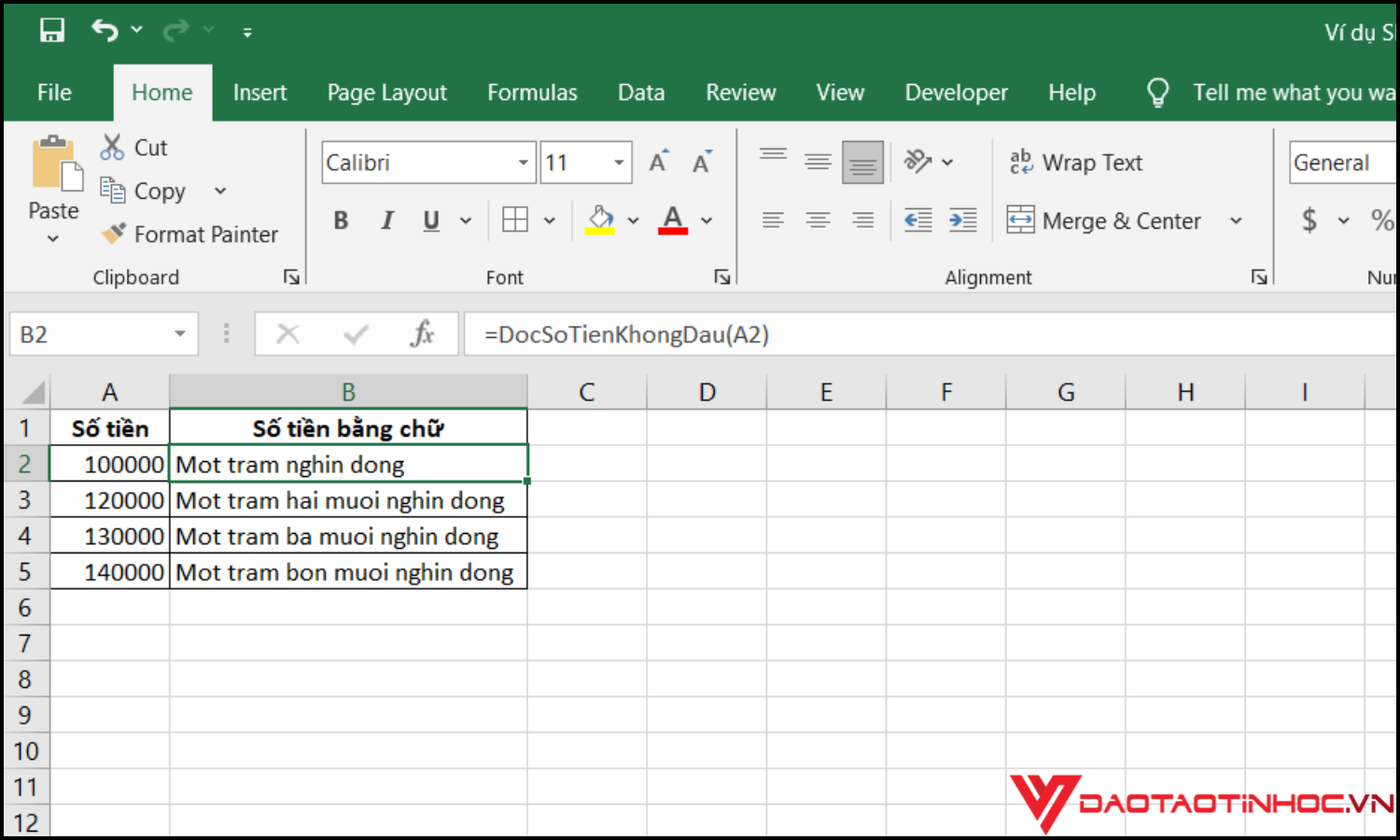 cách viết số tiền bằng chữ trong Excel bước 4