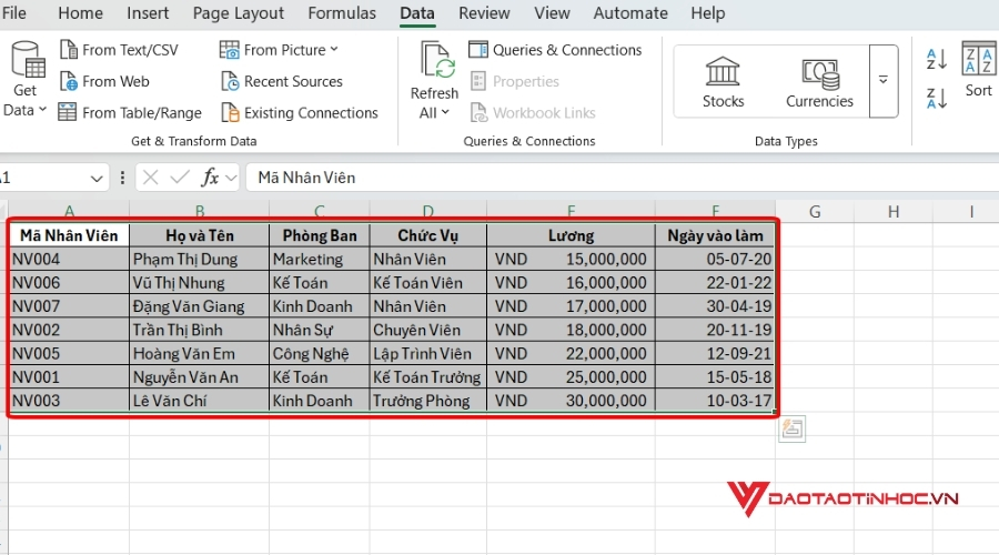 Chọn bảng để filter