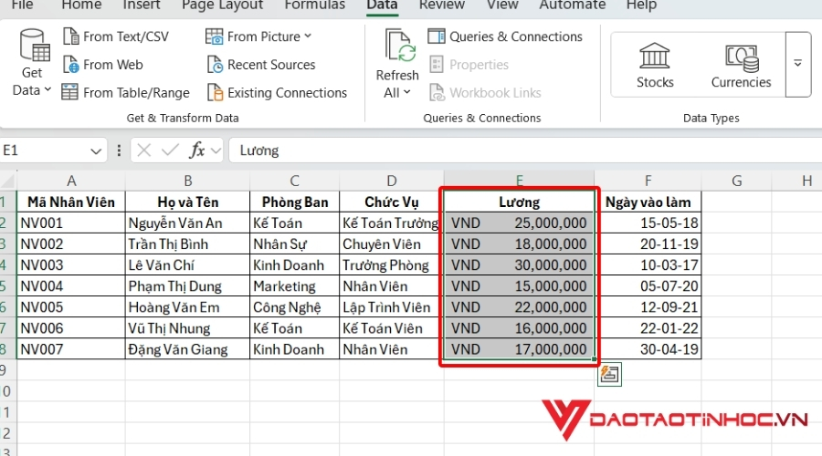 Chọn cột để sort