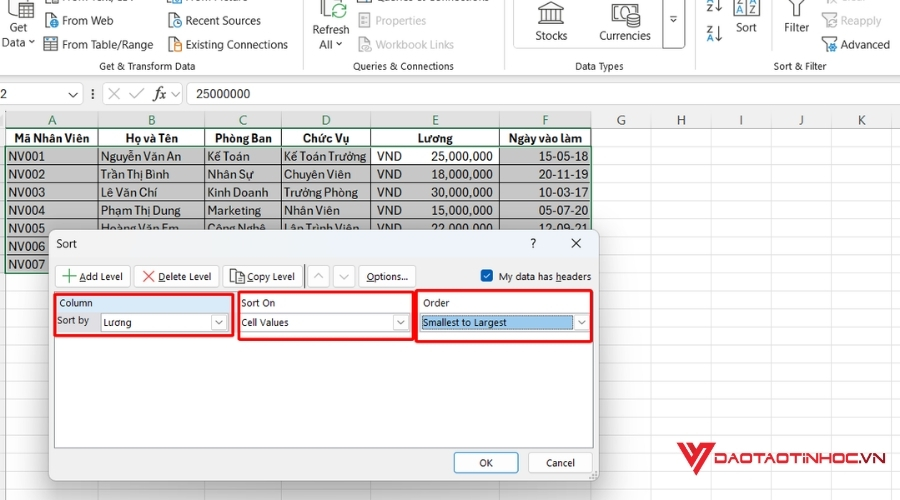 Chọn điều kiện để sort