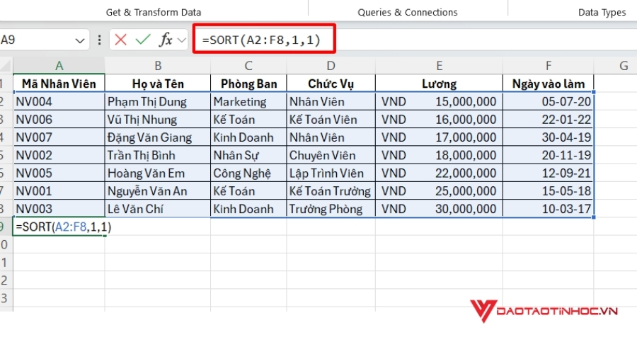 Dùng hàm sort để sắp xếp dữ liệu