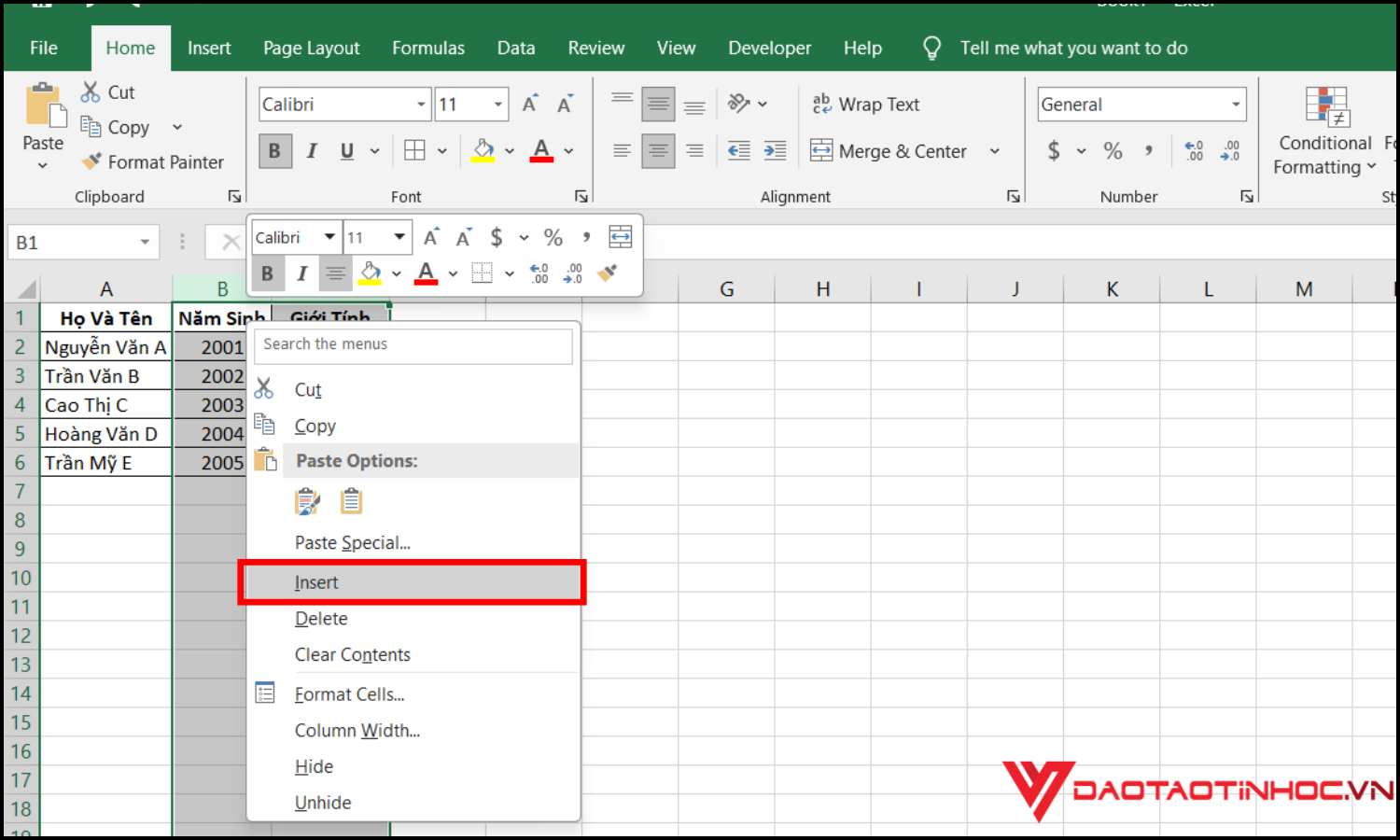 Cách chèn nhiều cột cùng lúc trong Excel bước 2