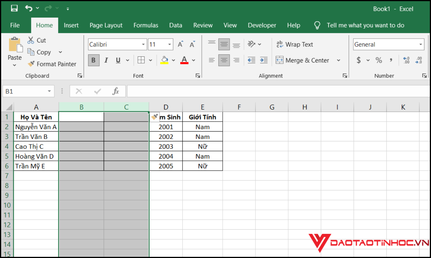 Cách chèn nhiều cột cùng lúc trong Excel kết quả