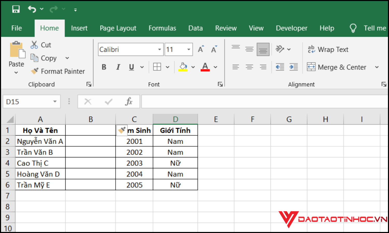 Cách chèn thêm cột trong Excel bằng chuột kết quả