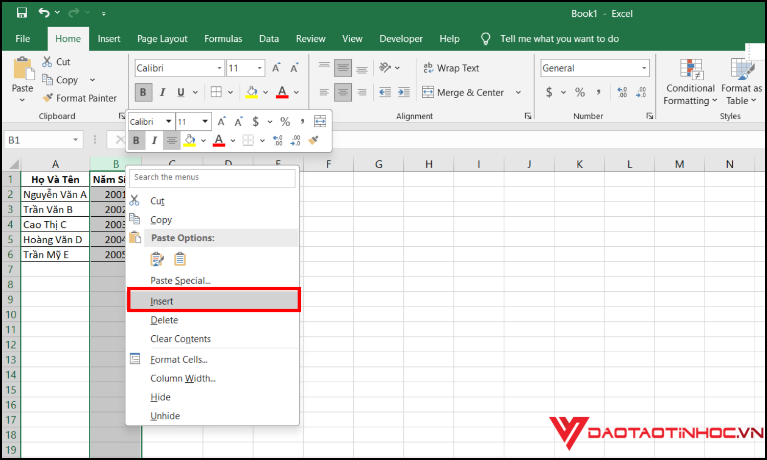 Cách chèn thêm cột trong Excel bằng chuột