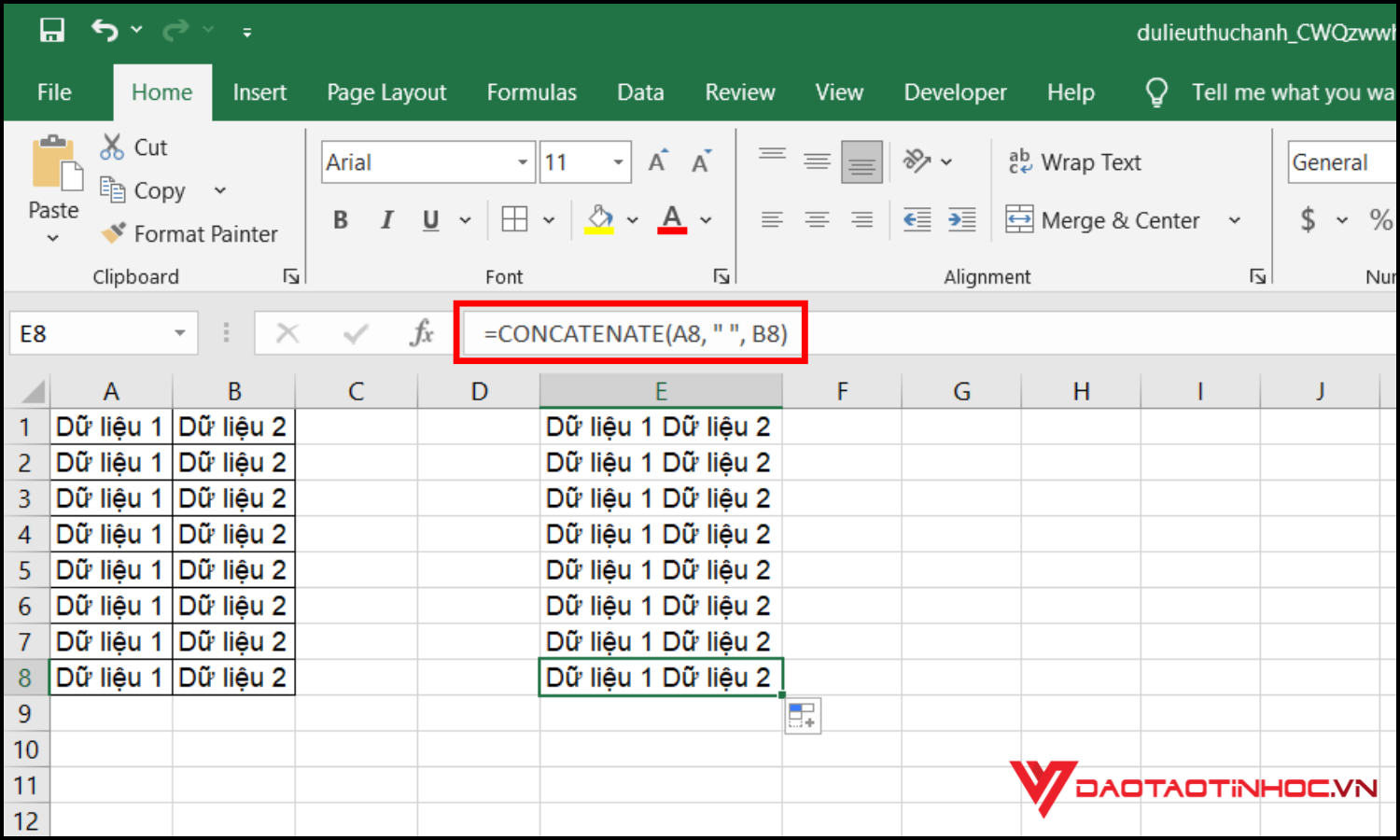 Cách gộp 2 ô thành 1 bằng công thức CONCATENATE bước 2