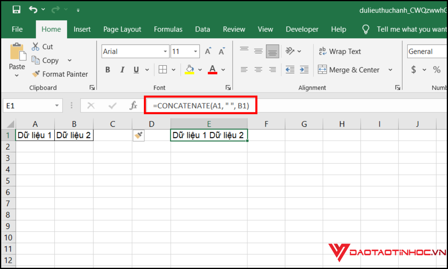 Cách gộp 2 ô thành 1 bằng công thức CONCATENATE