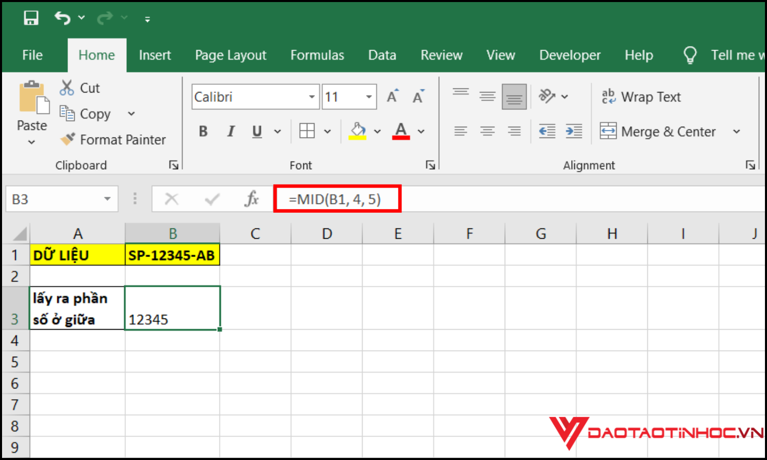 Cách lấy ký tự giữa trong excel bằng hàm MID