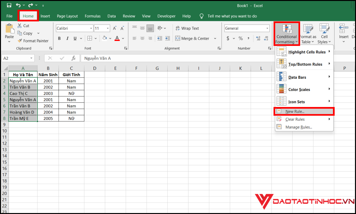 Cách lọc trùng Excel bằng Conditional Formatting bước 1