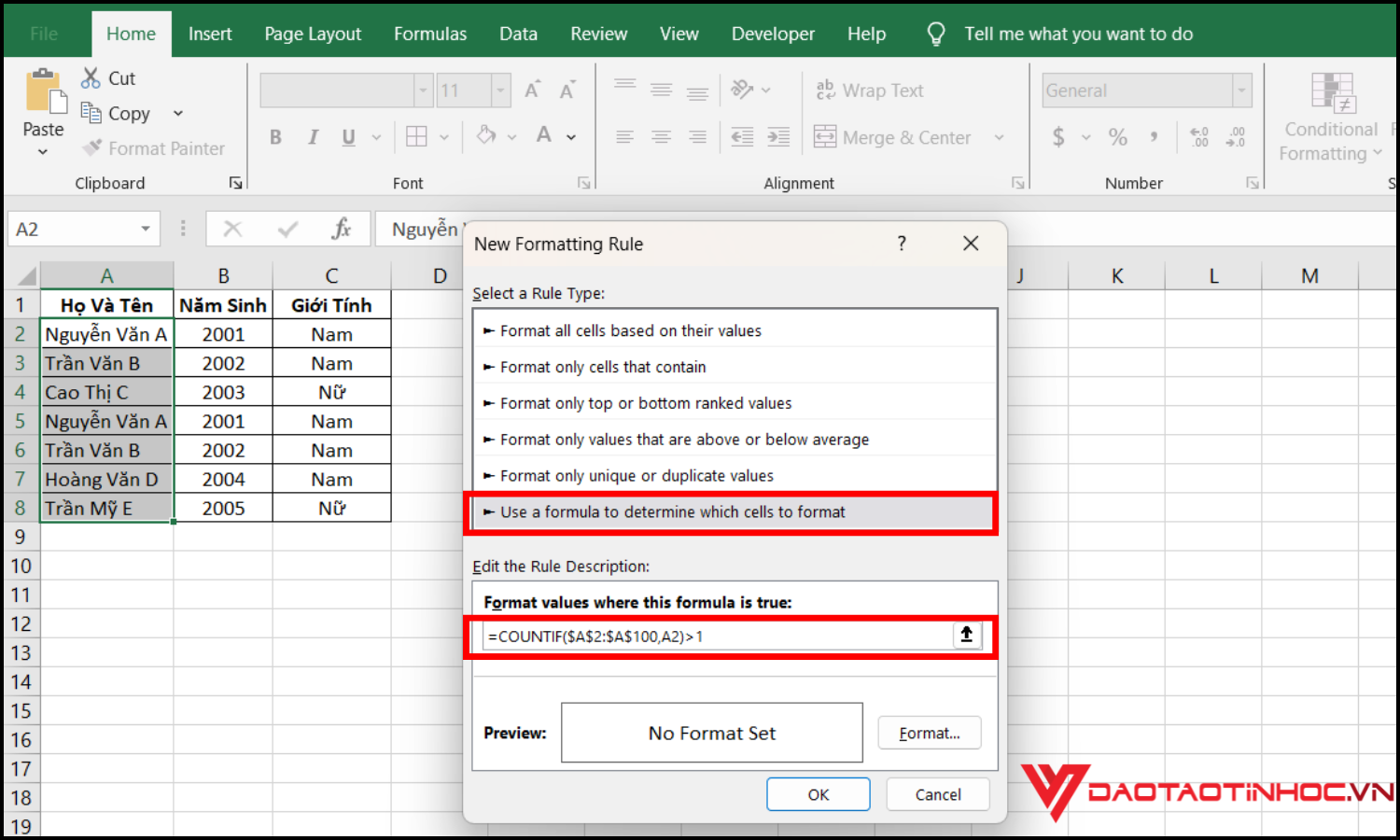 Cách lọc trùng Excel bằng Conditional Formatting bước 2