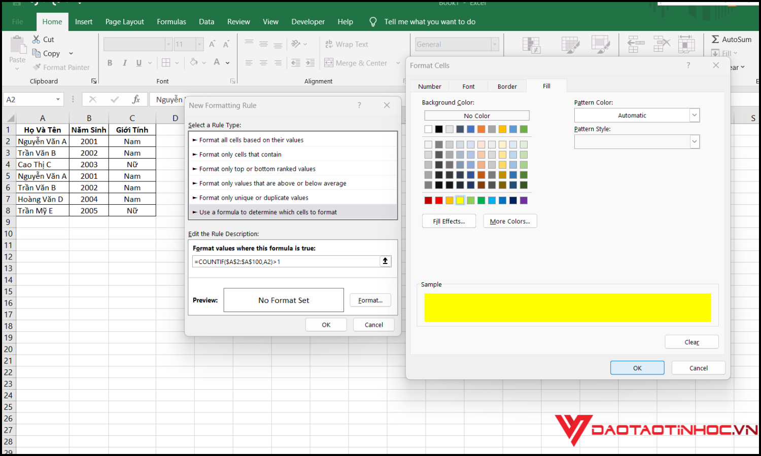 Cách lọc trùng Excel bằng Conditional Formatting bước 3