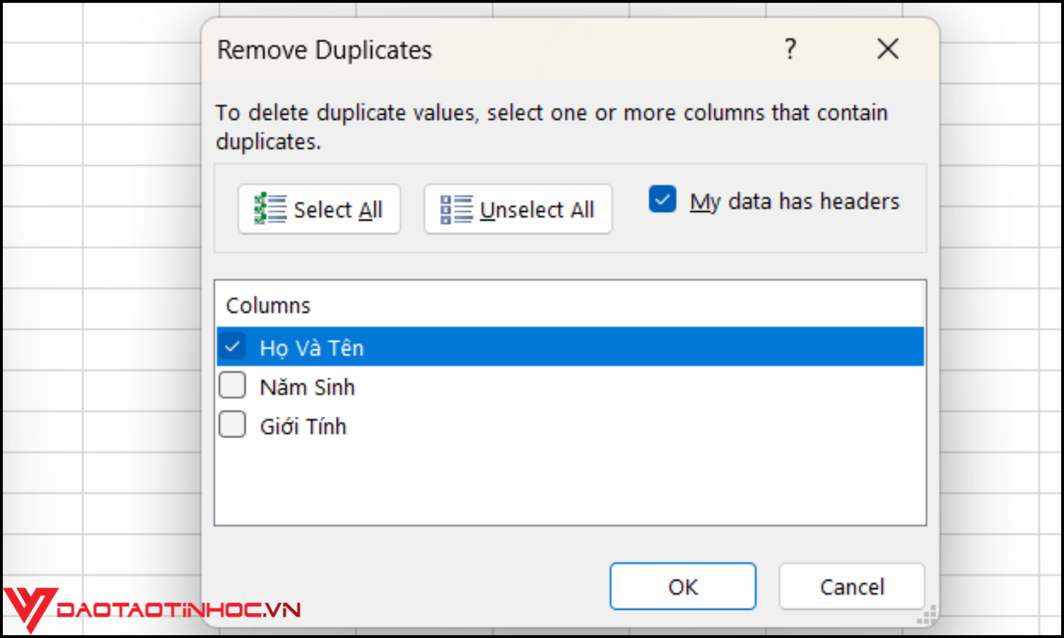 Cách lọc trùng trong Excel bằng Remove Duplicates bước 2