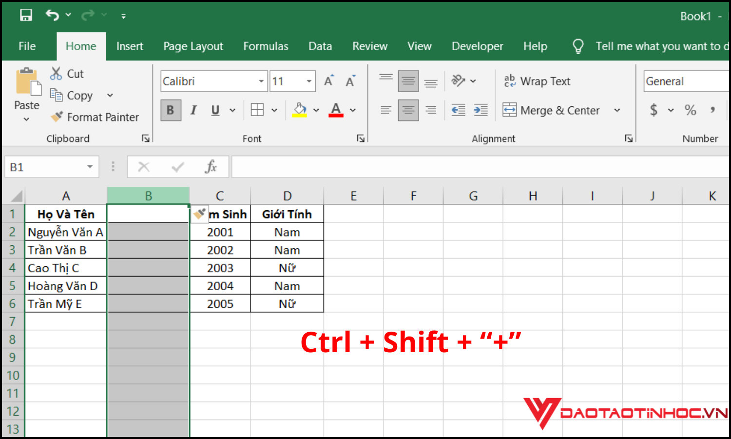Cách thêm cột trong Excel bằng phím tắt
