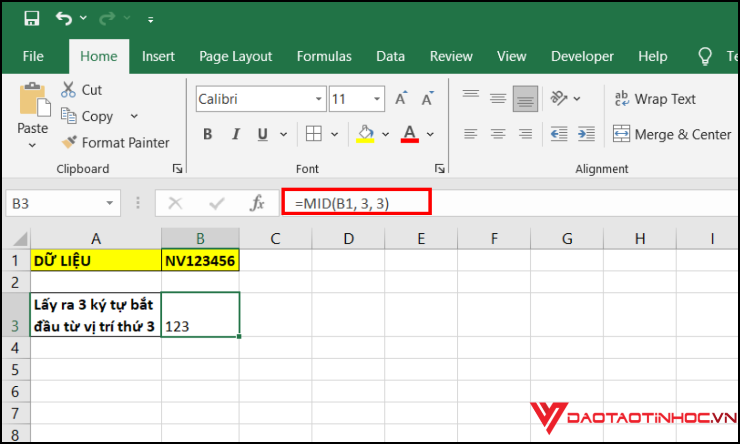 Ví dụ cơ bản về hàm mid trong excel
