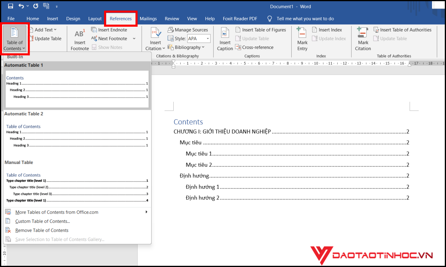 Chèn mục lục tự động trong Word