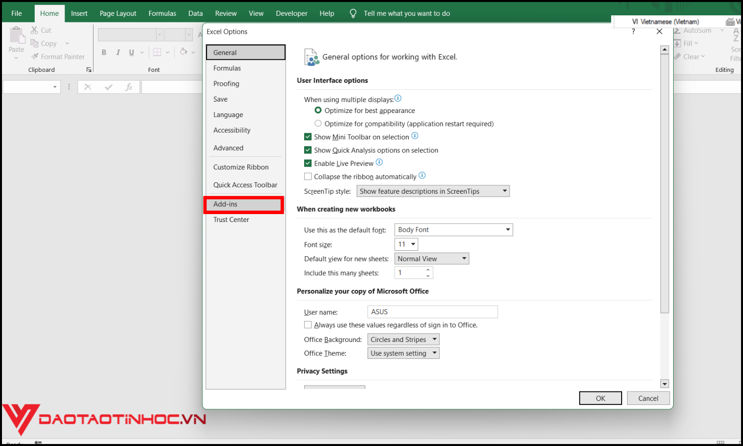 Cách chuyển đổi số thành chữ bằng file Add-Ins bước 4