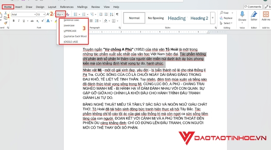 Dùng change case để chuyển chữ hoa về chữ thường trong word