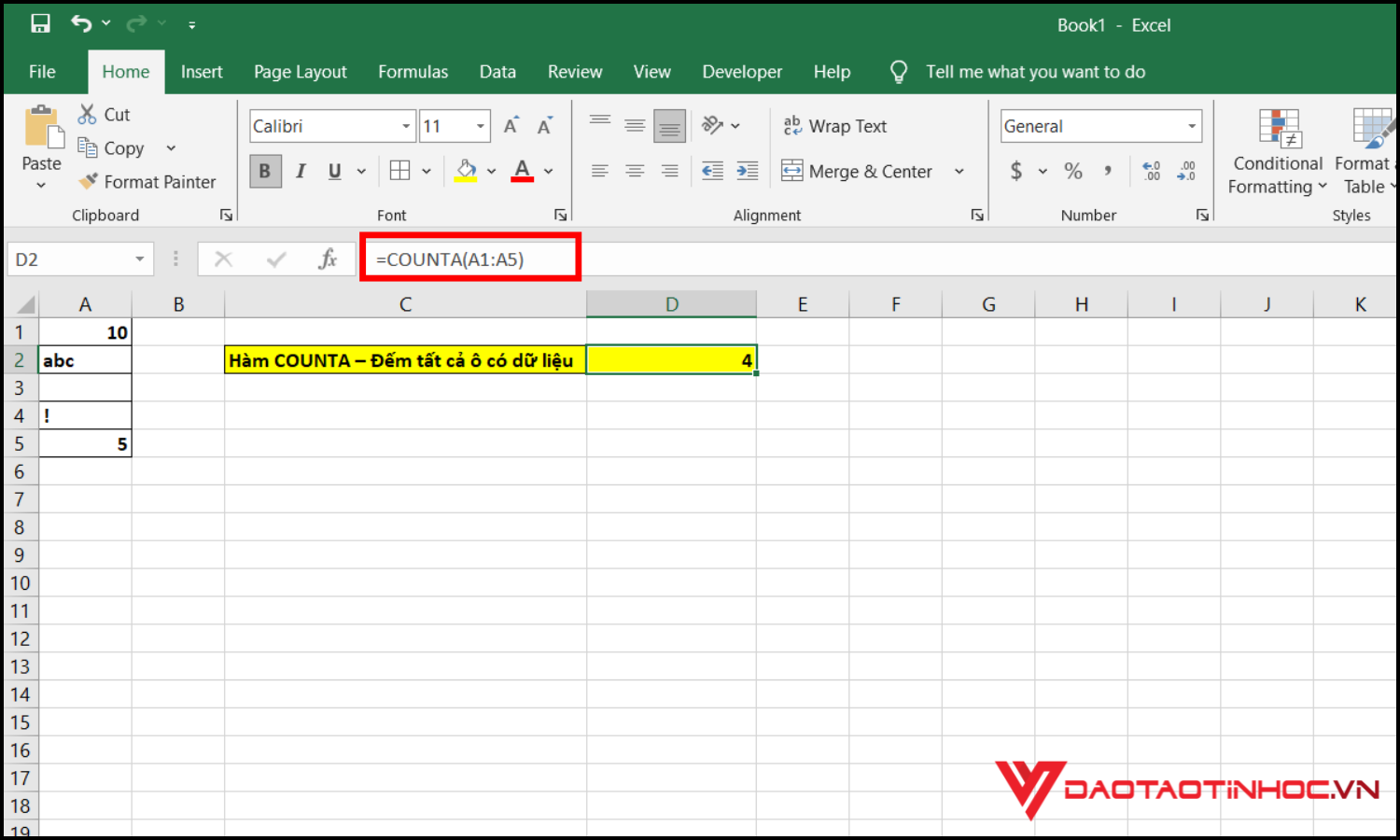 Hàm đếm trong Excel - Hàm COUNTA
