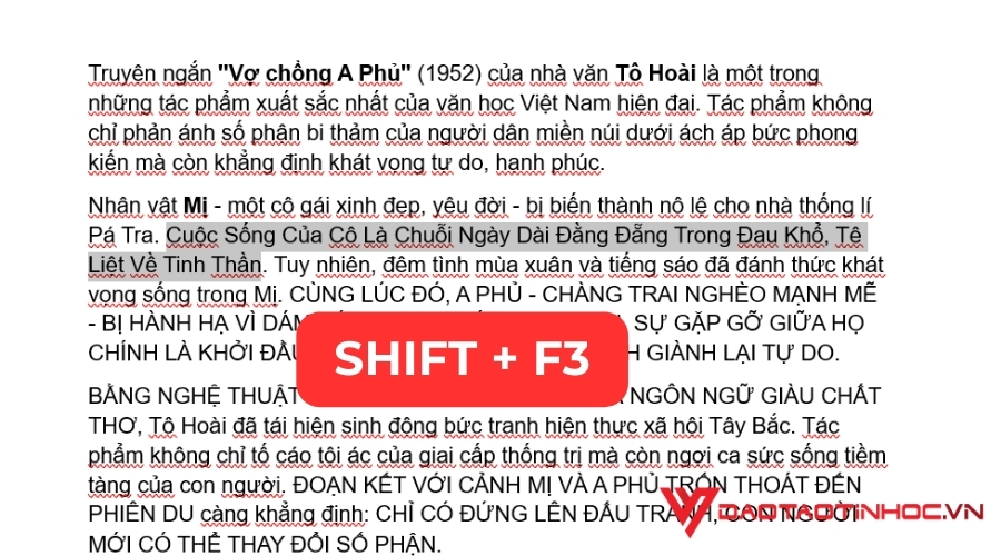 Cách chuyển chữ hoa thành chữ thường trong word bằng cách nhấn tổ hợp phím Shift + F3 để thay đổi kiểu chữ