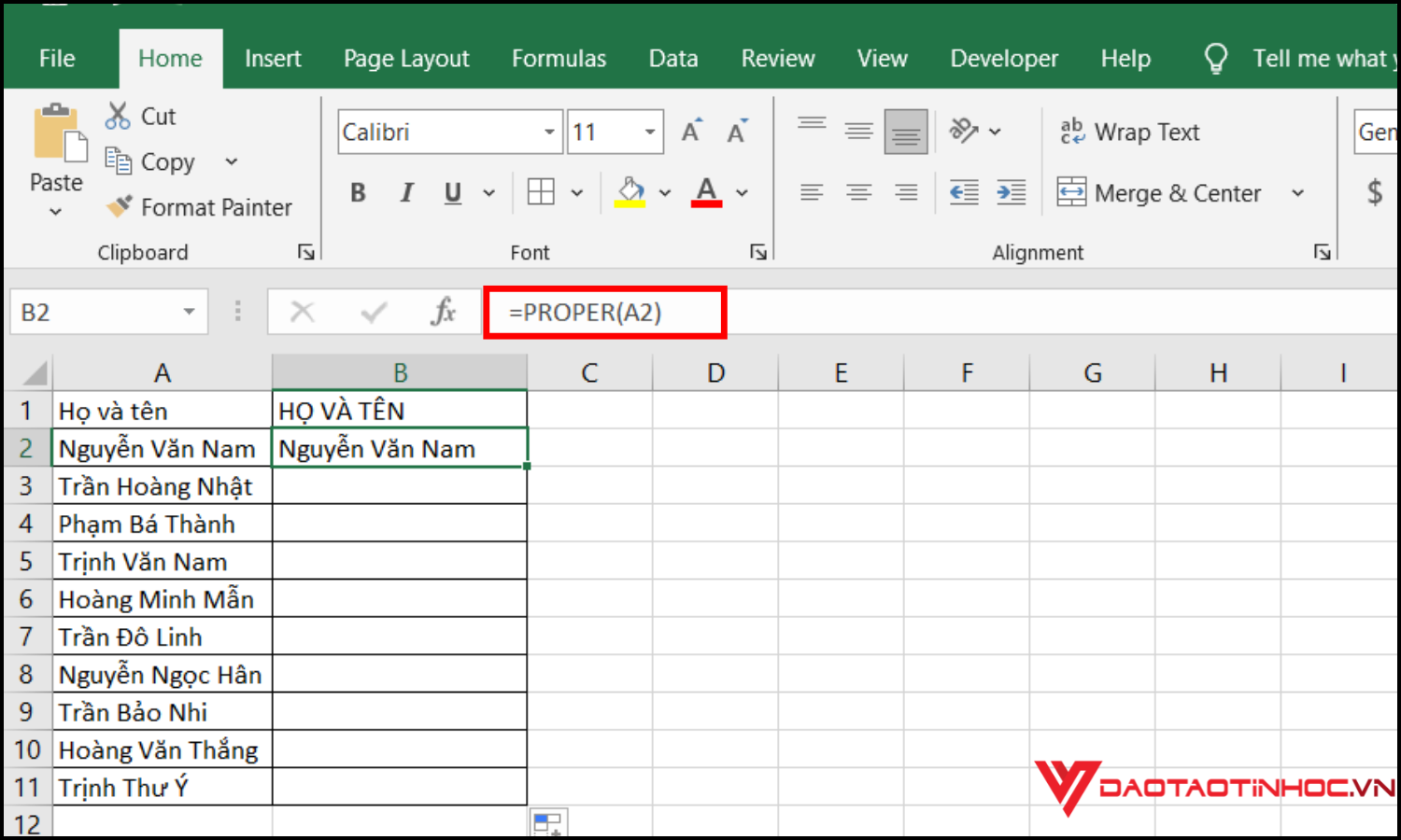Cách chuyển chữ thường thành chữ hoa trong Excel bằng hàm Proper