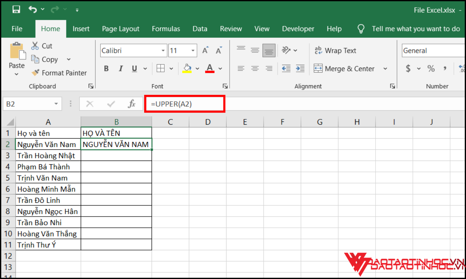 Cách chuyển chữ thường thành chữ hoa trong Excel bằng hàm Upper
