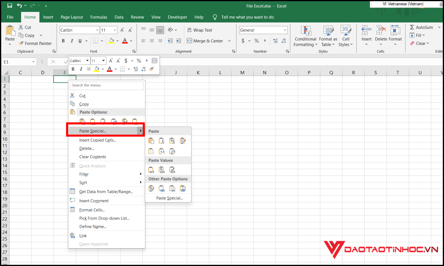 Cách copy sheet trong Excel bằng Paste Special