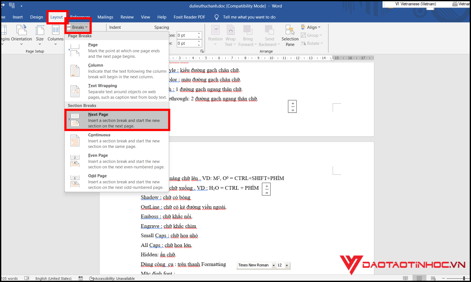 Cách đánh số trang trong Word từ trang bất kỳ bước 1