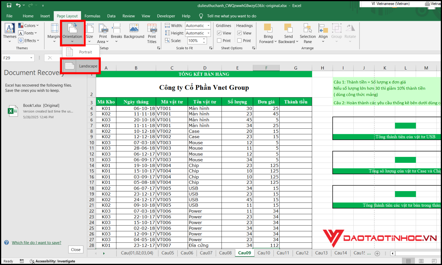 Cách in Excel vừa trang giấy A4 ngang bước 2
