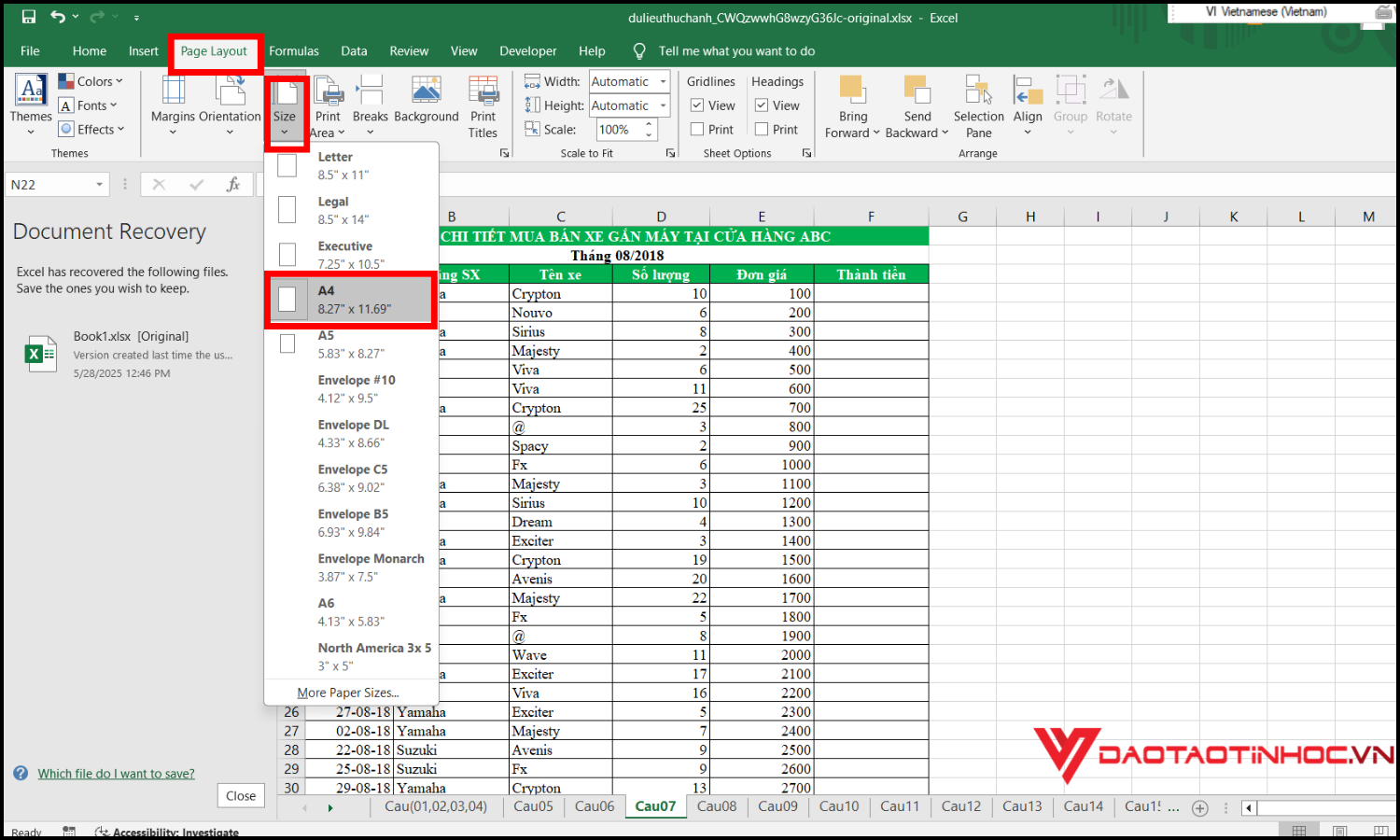Cách in Excel vừa trang giấy A4 theo chiều dọc bước 2