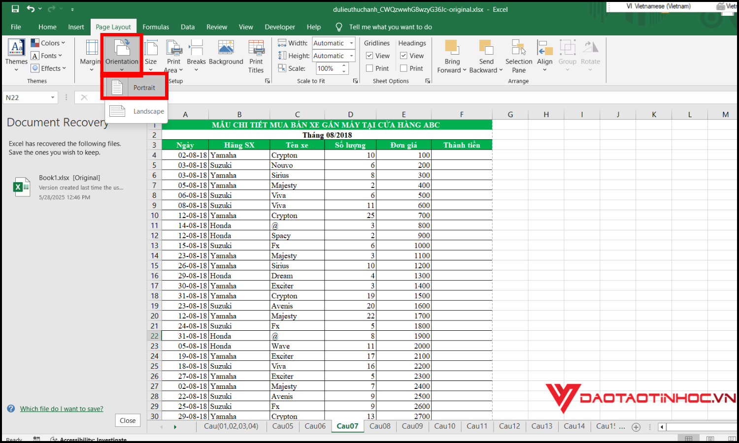 Cách in Excel vừa trang giấy A4 theo chiều dọc bước 3