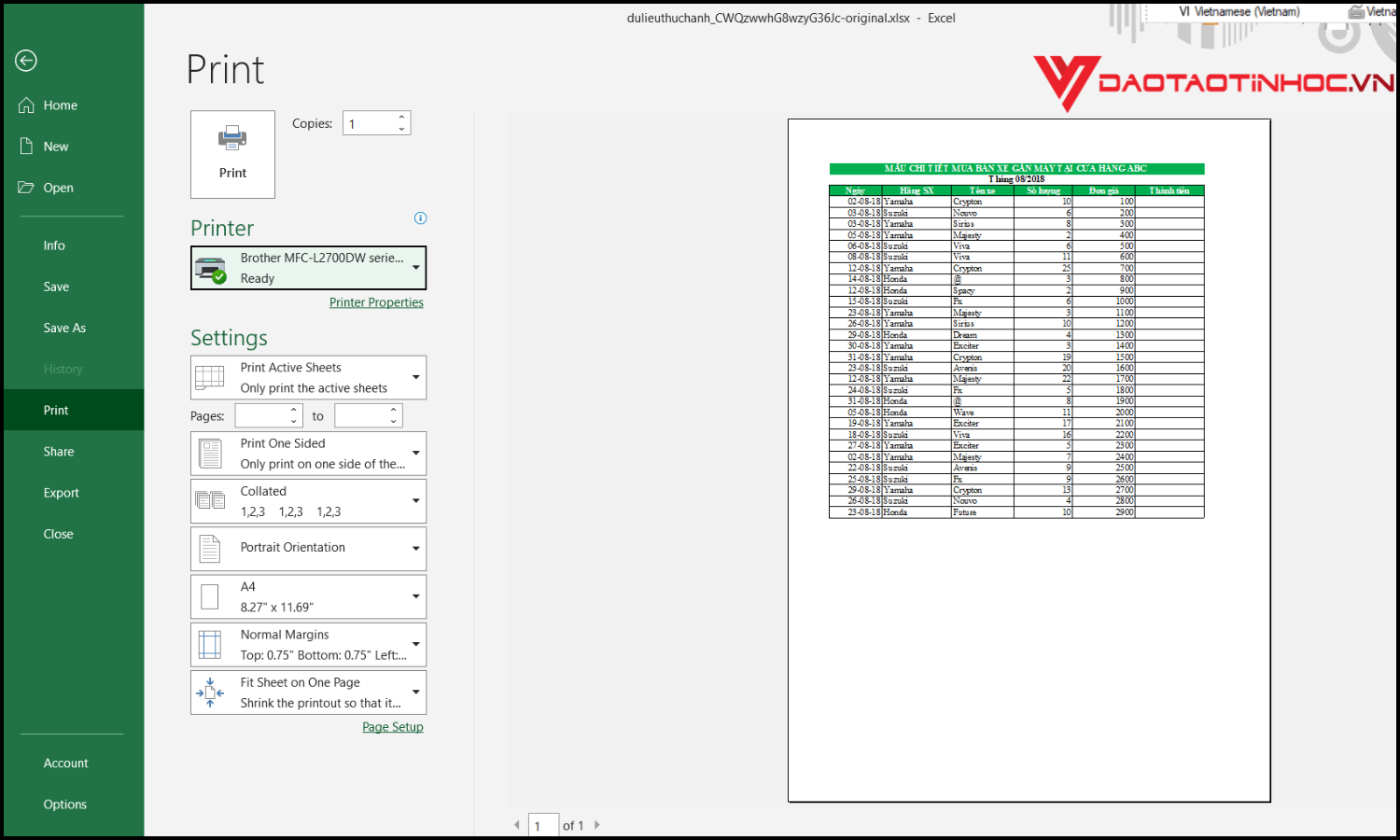 Cách in Excel vừa trang giấy A4 theo chiều dọc bước 5