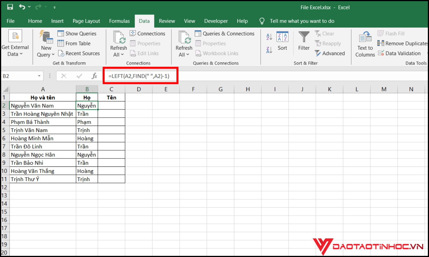 Cách tách họ trong Excel bằng công thức