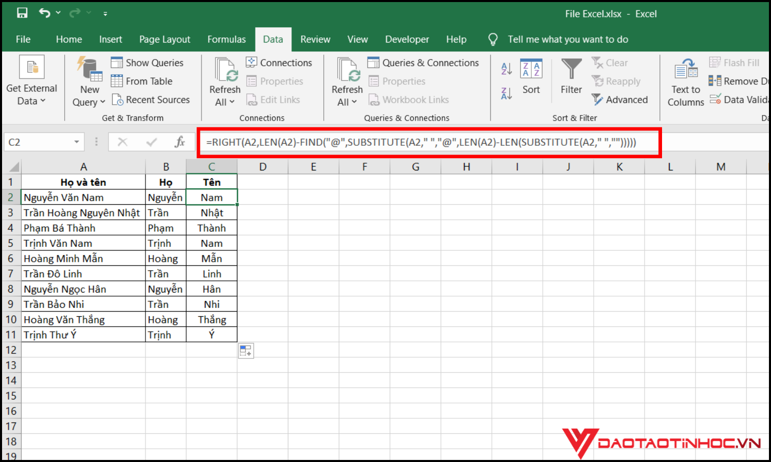 Cách tách tên trong Excel bằng công thức