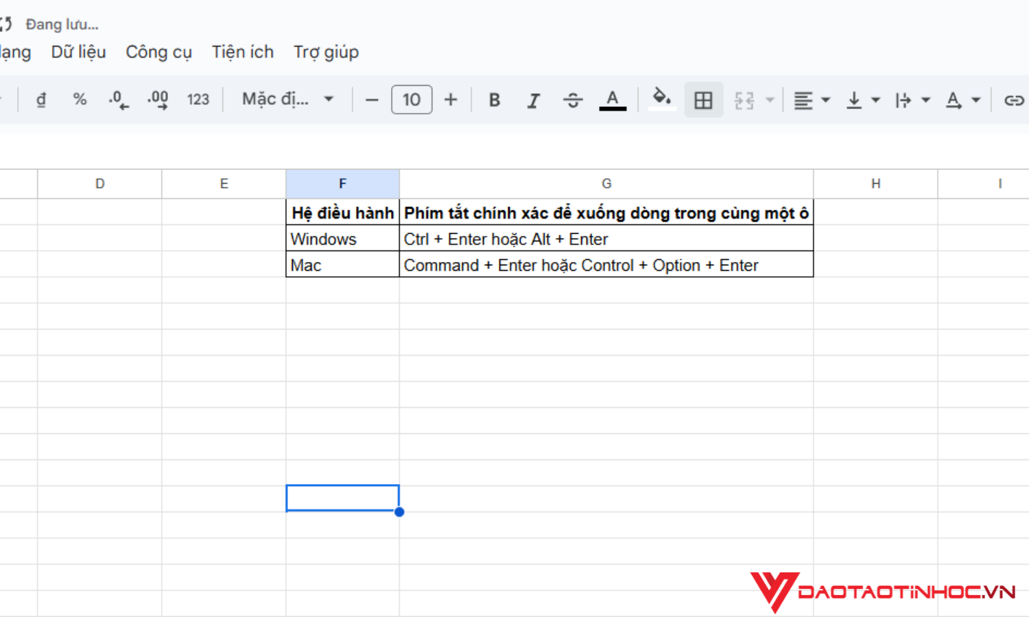 Cách xuống dòng trong Google Sheet bằng phím tắt